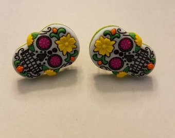 Colorful Sugar Skull Button Stud Earrings