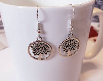 Tree Medallion Silver Dangle Earrings