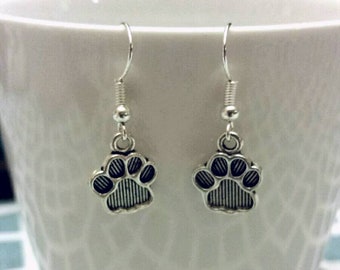 Silver Paw Print Charm Dangle Earrings