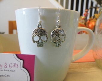 Sugar Skull Patterned Silhouette Silver Charm Dangle Earrings