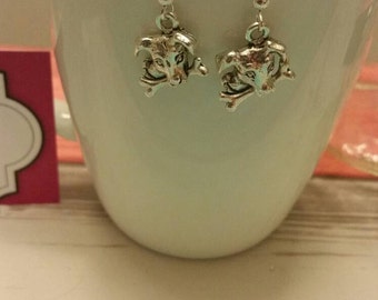 Silver Dog with a Bone Charm Dangle Earrings