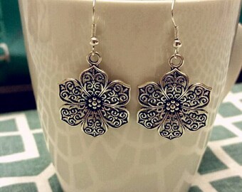 Scrolled Silver Flower Charm Dangle Earrings