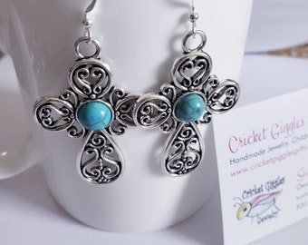 Large Turquoise & Silver Charm Dangle Earrings