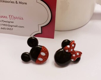 Mickey & Minnie Mouse Ears Set Button Stud Earrings