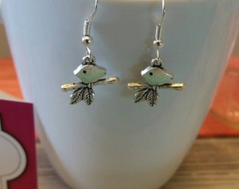 Silver Bird on a Branch Charm Dangle Earrings