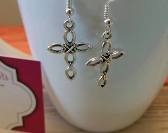 Silver Ornate Cross Charm Dangle Earrings