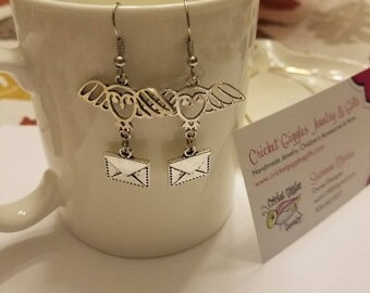 Owl & Letter Silver Dangle Earrings