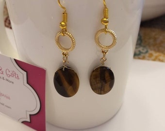 Tiger's Eye Pendant Gold Dangle Earrings