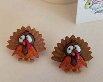 Worried Thanksgiving Turkeys Button Stud Earrings