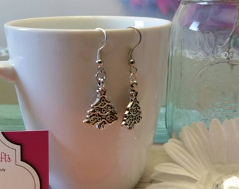 Silver Decorated Christmas Tree Charm Earrings