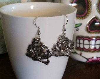 Silver Rose Charm Dangle Earrings