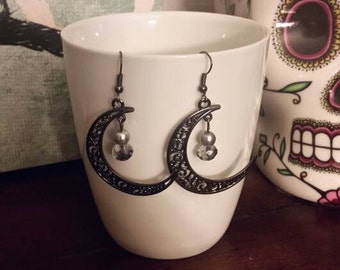Black Scroll Crescent Moon with Bead Accent Charm Dangle Earrings