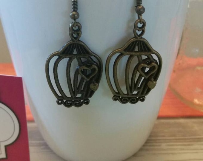 Bronze Birdcage Charm Dangle Earrings