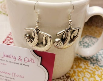 Silver Lazy Sloth Dangle Earrings