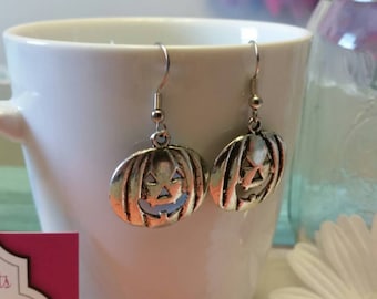 Spooky Silver Jack-o-lantern Charm Dangle Earrings