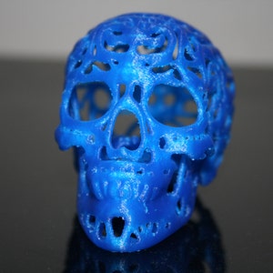 Pu&ograve; includere: Un teschio blu stampato in 3D con un design dettagliato e intricato. Il teschio &egrave; vuoto e ha un aspetto delicato e traforato.