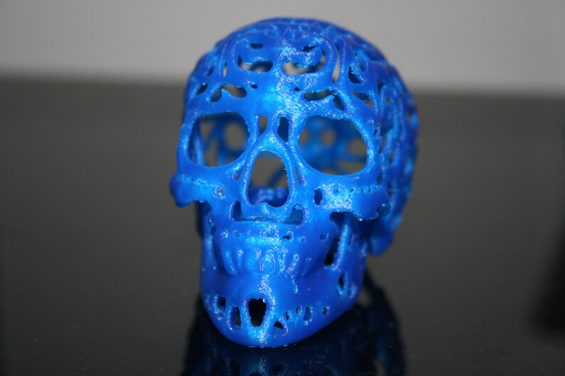 Pu&ograve; includere: Un teschio blu stampato in 3D con un design dettagliato e intricato. Il teschio &egrave; vuoto e ha un aspetto delicato e traforato.