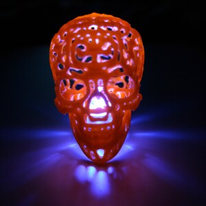 Pu&ograve; includere: Un teschio arancione stampato in 3D con una luce all'interno, che proietta un bagliore blu sulla superficie sottostante.