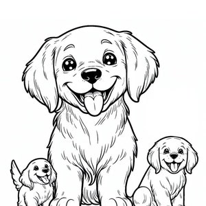 May include: A black and white line drawing of three golden retriever dogs. The largest dog is sitting with its tongue sticking out and the two smaller dogs are sitting on either side of it.