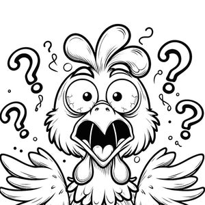 May include: A black and white cartoon illustration of a chicken with a surprised expression. The chicken has large eyes and its mouth is open in a wide, surprised expression. There are question marks around the chicken's head.
