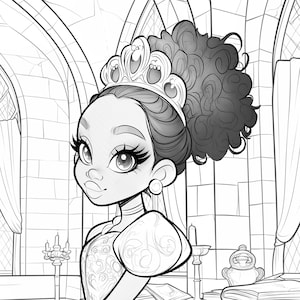 May include: A black and white line drawing of a princess wearing a crown and a gown with a large, elaborate design. She is standing in a castle setting.
