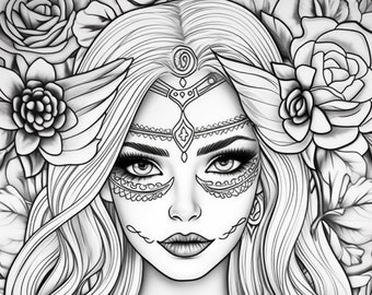 May include: A black and white line drawing of a woman with long flowing hair, wearing a decorative headdress and necklace. She has intricate makeup around her eyes and mouth. The background features roses.