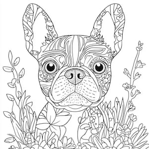 May include: A black and white line drawing of a French bulldog surrounded by flowers. The dog's face is detailed with intricate patterns and the flowers are stylised with delicate lines.