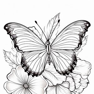 May include: A black and white line drawing of a butterfly with its wings spread wide. The butterfly is perched on top of two large flowers. The flowers have intricate details and are drawn in a realistic style.