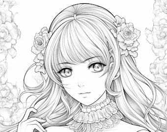 Può includere: Un disegno in bianco e nero di una donna con lunghi capelli fluenti, che indossa un abito dettagliato con pizzo, scollatura alta e maniche a sbuffo. Porta una delicata corona di fiori nei capelli e una collana con un ciondolo.