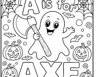 26 Halloween ABC Alphabet Coloring Pages for Kids, A to Z Letter, Preschool Halloween Activity, Printable PDF Download Square 8.5” x 8.5”