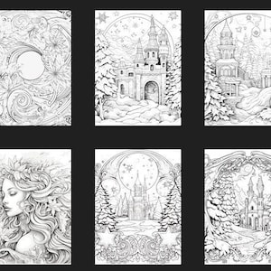 Può includere: Un set di 16 pagine da colorare in bianco e nero con illustrazioni intricate di un castello in un'ambientazione invernale da favola. Il castello è circondato da alberi, neve e una luna.