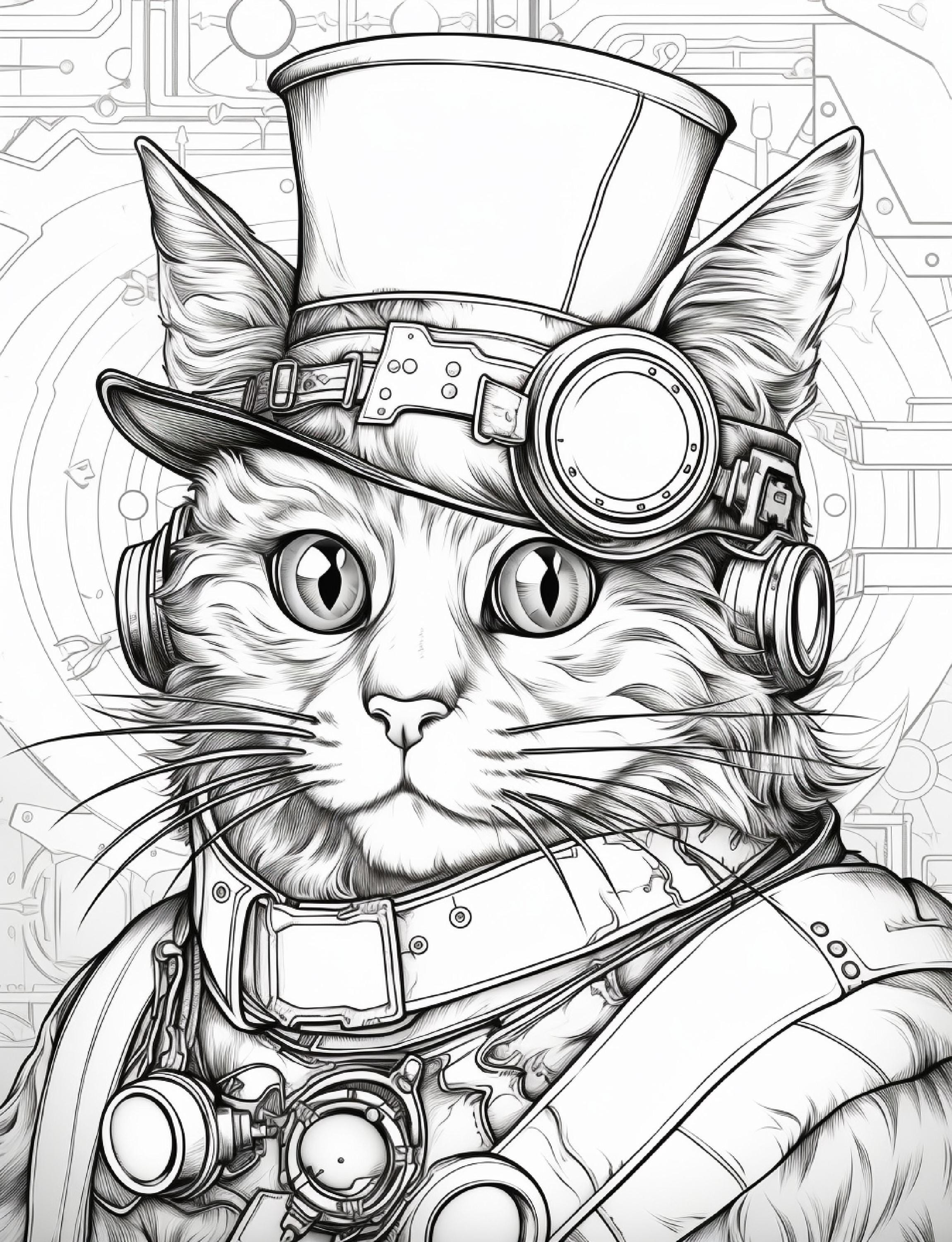 240 Steampunk Cat Coloring Pages for Kids and Adults Printable Digital ...