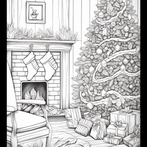 May include: A black and white illustration of a cozy living room with a fireplace, a Christmas tree decorated with ornaments, and presents under the tree.