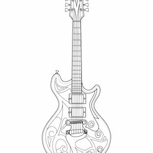 May include: A black and white line drawing of an electric guitar with intricate floral designs on the body. The guitar has a pointed headstock with six tuning pegs and a single pickup.
