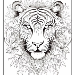 May include: A black and white line drawing of a tiger's face with intricate floral designs surrounding it. The tiger's eyes are wide open and the mouth is closed. The design is perfect for coloring.