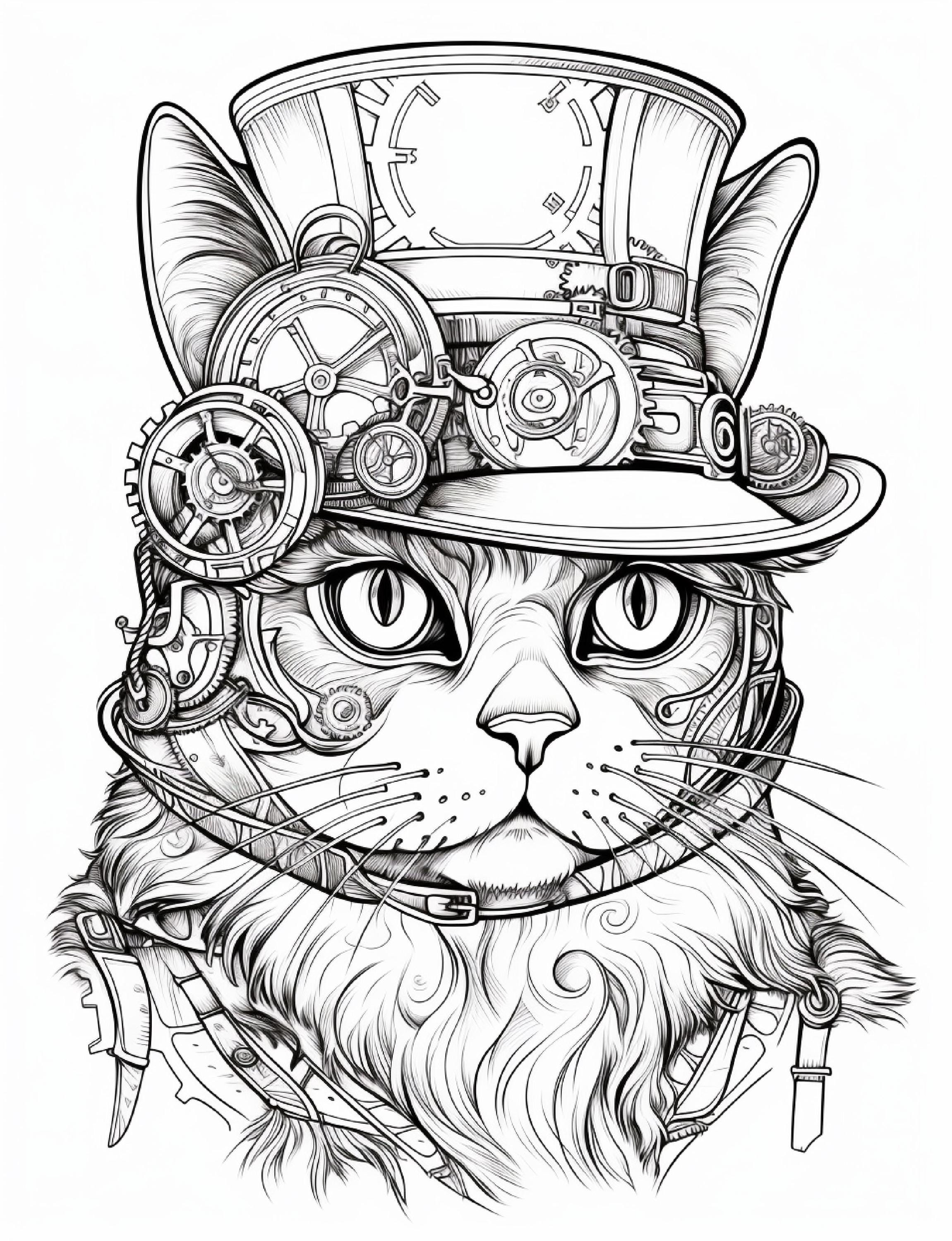 240 Steampunk Cat Coloring Pages for Kids and Adults Printable Digital ...