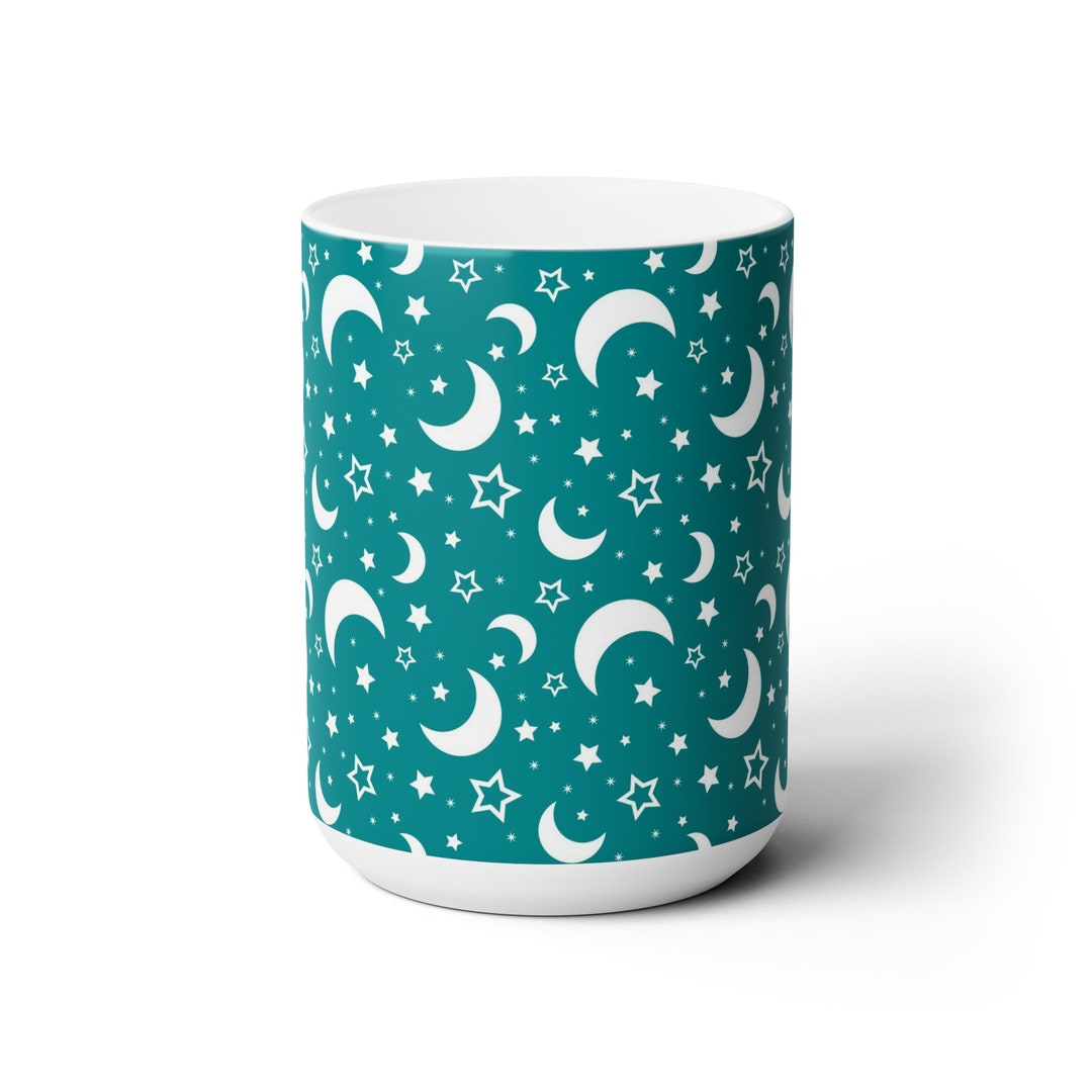 Best Seller Teal Moon and Stars Ceramic Mug 15oz Popular Best Seller