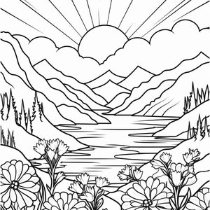 以下が含まれることがあります： 山と湖の風景の白黒の線画。太陽が山々の上に昇り、手前に花が咲いています。