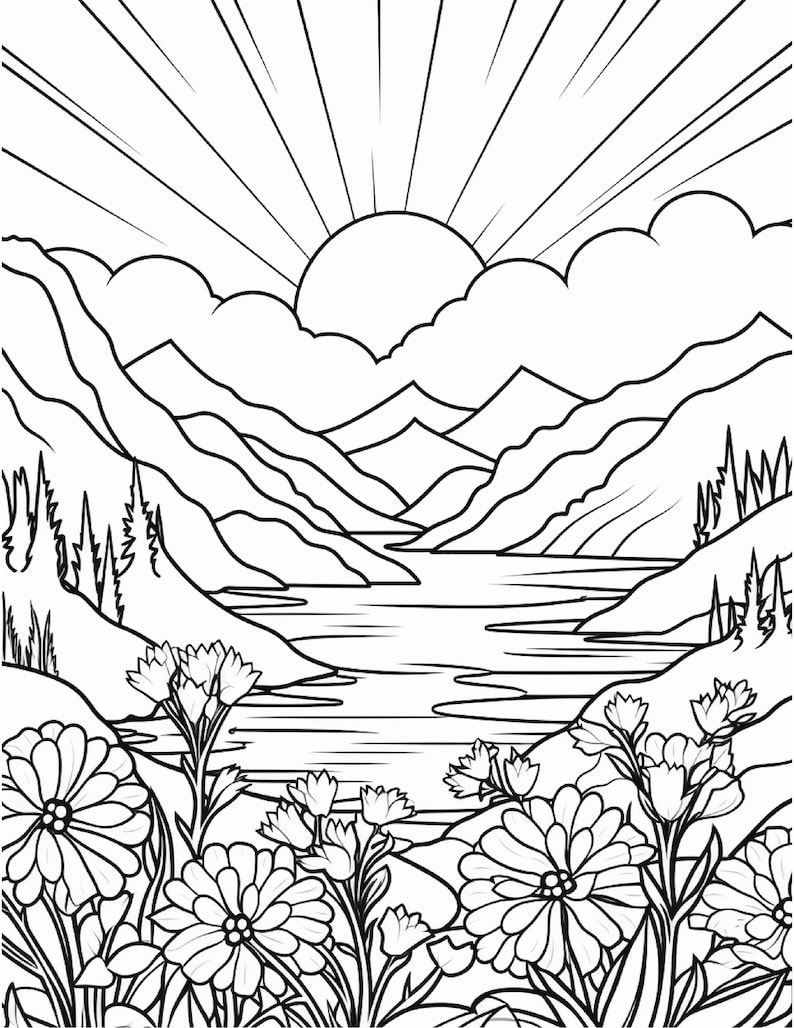 以下が含まれることがあります： 山と湖の風景の白黒の線画。太陽が山々の上に昇り、手前に花が咲いています。