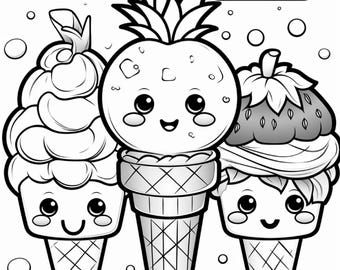 200 Cute Kawaii Summer Coloring Pages for Kids and Adults, Adorable Pineapple and Strawberry Characters, Summer Printable Coloring Book PDF