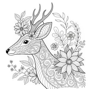 May include: Detailed black and white illustration of a deer's profile, adorned with floral and leaf elements. The deer features intricate patterns on its body and antlers, with flowers and foliage surrounding its head and neck, creating a decorative design.