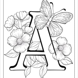 以下が含まれることがあります： 蝶と花が描かれた、白黒のアルファベットAの線画。蝶はAの上に止まっており、花はAの周りに描かれている。