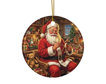 Vintage Santa Claus Christmas Ornament | Santa Making Toys Ceramic Ornament | Nostalgic Christmas Tree Decoration | Retro Santa Holiday Gift