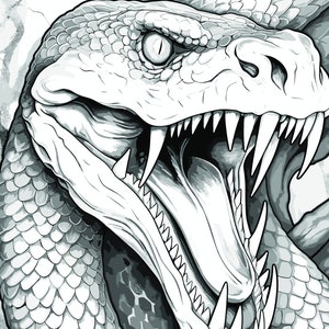 May include: A black and white illustration of a snake with its mouth open, showing sharp teeth. The snake's scales are detailed and the image has a menacing feel.