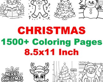 Op de afbeelding: Zwart-wit kleurplaten met kerstthema. De afbeelding bevat illustraties van de kerstman, een peperkoekmannetje, een kerstboom, een sneeuwpop, een rendier en de tekst "CHRISTMAS 1500+ Coloring Pages 21.6x27.9 cm."