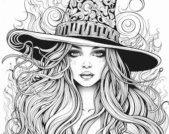 100 Beautiful Witch Coloring Pages for Adults and Teens, Fantasy Witch Portraits, Gothic Halloween Coloring Book, Printable PDF Download