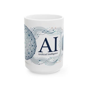 Taza de café de inteligencia artificial (IA) de 443 ml (15 oz), diseño futurista de red neuronal, taza de aprendizaje automático, regalo para amantes de la informática, regalo para aficionados a la tecnología