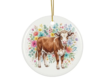 Cow Christmas Ornament | Floral Farmhouse Ceramic Ornament | Rainbow Cow Tree Decoration | Cow Lover Gift