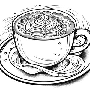 Può includere: Illustrazione in bianco e nero di una tazza di caffè con latte art. La tazza è su un piattino abbinato, con linee decorative e bolle attorno alla tazza e al piattino. Il caffè ha una parte superiore schiumosa con un design a spirale.