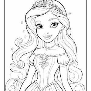 Può includere: Un disegno in bianco e nero di una principessa con una corona e un vestito. Ha i capelli lunghi e fluenti e un dolce sorriso.